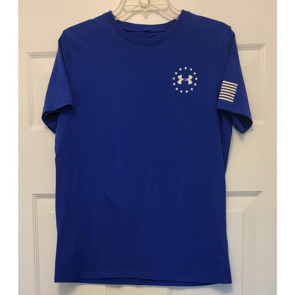 Under Armour Boys YXL Blue USA FLAG Logo T - Shirt